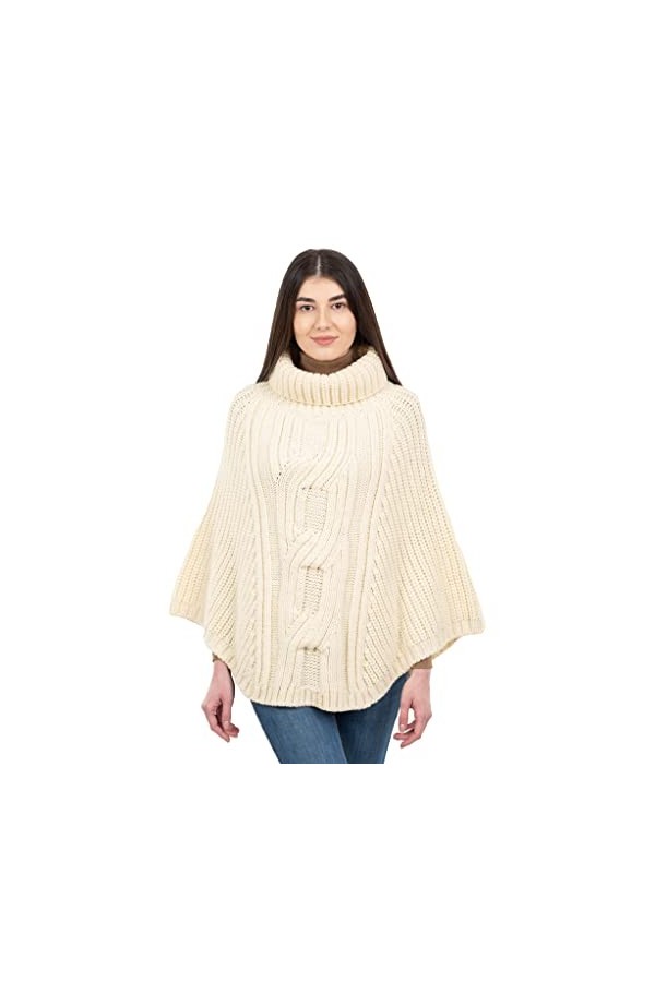 SAOL Poncho en tricot torsadé pour femme 100 % laine mérinos, vert militaire, taille unique