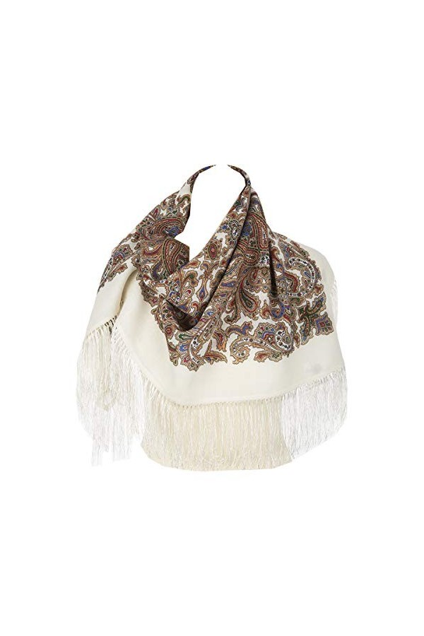 Pavlovo-Posad Châle écharpe en tissu pour femme écharpe en châle 100% laine 89cm x 89cm écru