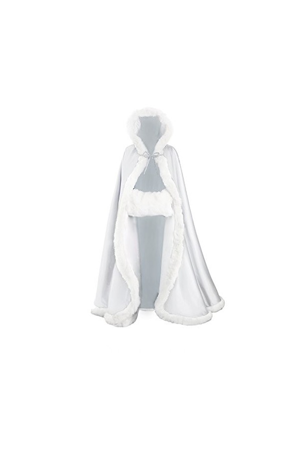 BEAUTELICATE Femme Cape à Capuche Fourrure Longue de Mariée Chaude Capuchon Manteau de Mariage White, Longueur:140cm 55" 