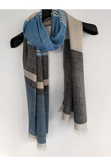 Écharpe changthangi en pur cachemire [mains offertes], Bleu/gris, L