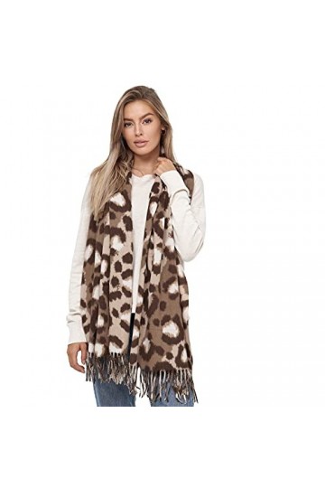Glamexx24 Écharpe XXL pour femme - Motif léo chaud - 3 couleurs - Poncho à franges, Léopard blanc marron, taille unique