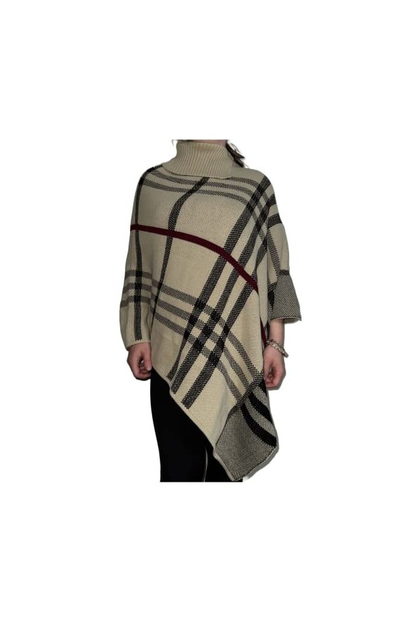 LUXE DIVA Poncho à col en tricot extensible pour femme Imprimé à carreaux, stone, taille unique