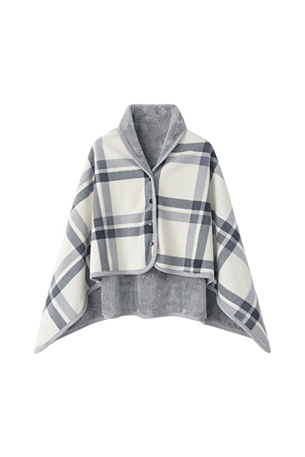 WINKEEY Femme Poncho Polaire Plaid Châle Polaire Cape Chaud dhiver avec Boutons Couverture à Carreaux, 1 Gris