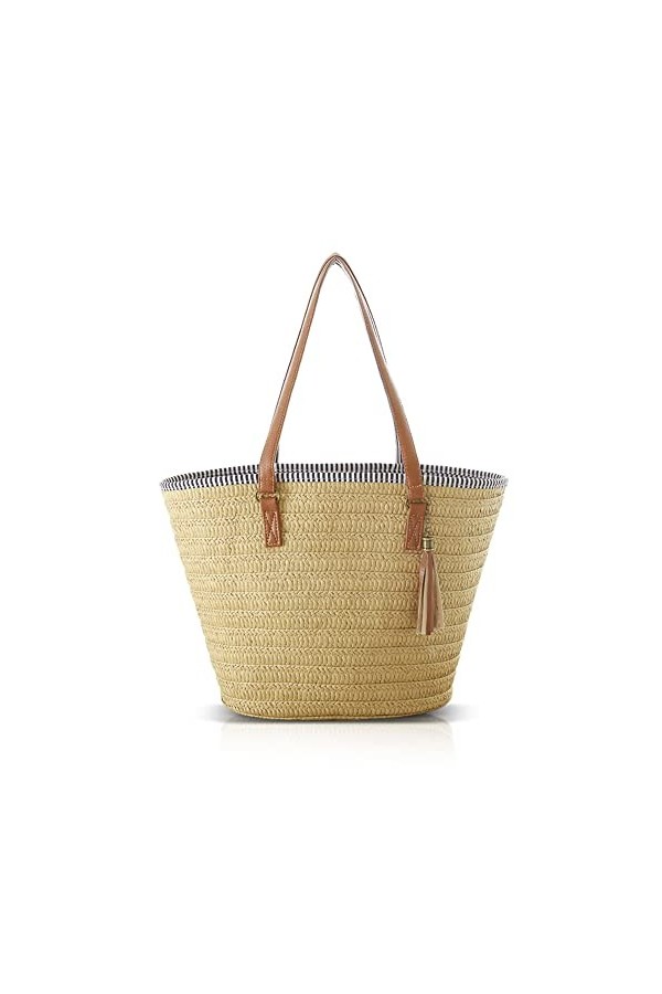 Pahajim Sac de Paille Sac de Plage Femme Tricotage à la Main Style Boho Grande Sac Femme Ete pour les Voyages, les Vacances, 