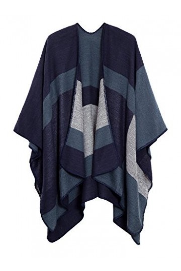 EXCHIC Femmes Chauds Ouverture Avant Châle Chaud Wraps Motif Floral Elegantes Poncho Tricot Cape Manteau Navy-83 