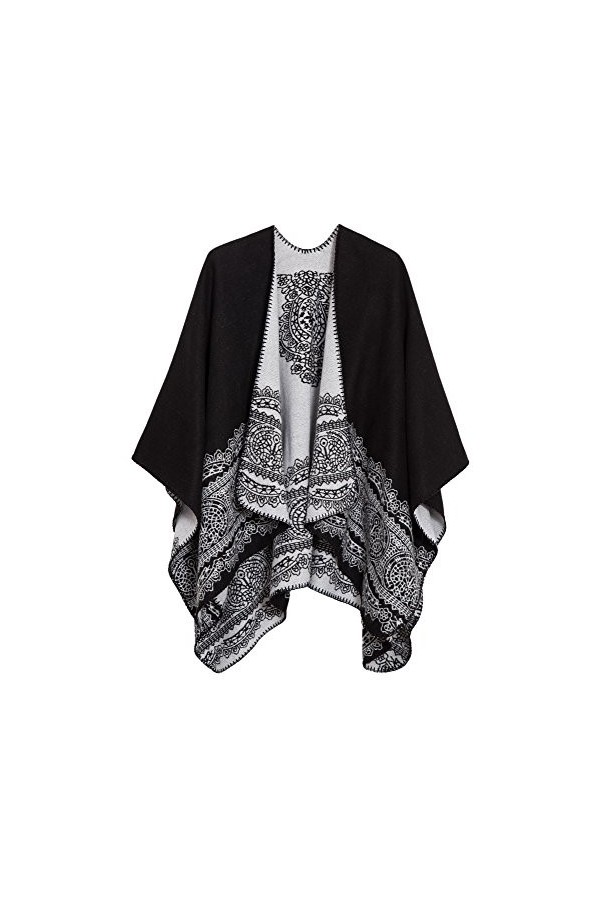 EXCHIC Femmes Chauds Ouverture Avant Châle Chaud Wraps Motif Floral Elegantes Poncho Tricot Cape Manteau Navy-83 