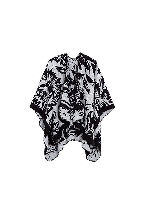 EXCHIC Femmes Chauds Ouverture Avant Châle Chaud Wraps Motif Floral Elegantes Poncho Tricot Cape Manteau Navy-83 