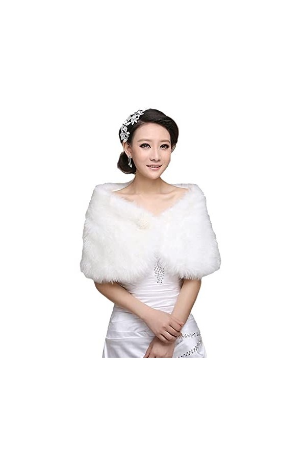 ITODA Hiver Femme Mariée Demoiselle dhonneur Châle en Fausse Fourrure Cape Mariage Wrap Mariée Châle Veste Blanc Écharpe Cha