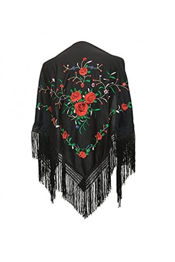 AMINA Châle à bec moyen triangulaire flamenco ou sévillanas 150X70cm Noir brodé Rouge/vert, Noir , 170X70cm