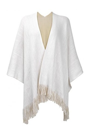 Cape Hiver de Femme en Cachemire Faux Avec Fringe - Les deux côtés utilisables Blanc 