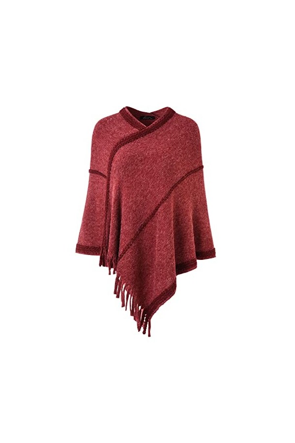 Ferand Poncho Rayé pour Femme, Pull Doux, Châle avec Franges - Taille Unique - Bordeaux