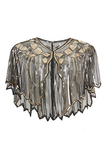 ArtiDeco Cape de Mariage, Flapper Accessoires Charleston 1920s Châle Femme Année 20 Vintage Partie à Thème Soirée, Noir/Or, T