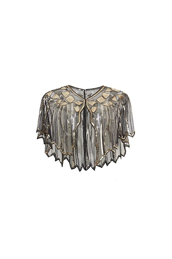 ArtiDeco Cape de Mariage, Flapper Accessoires Charleston 1920s Châle Femme Année 20 Vintage Partie à Thème Soirée, Noir/Or, T