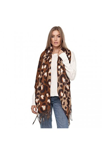 Glamexx24 Écharpe XXL pour femme - Motif léo chaud - 3 couleurs - Poncho à franges, Marron foncé, beige., taille unique