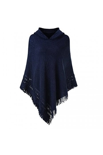 Poncho à Capuche avec Franges Femme Chandail Cape Tricote au Crochet Grand Taille Echarpe Veste Élégant Pull Asymetrique Manc