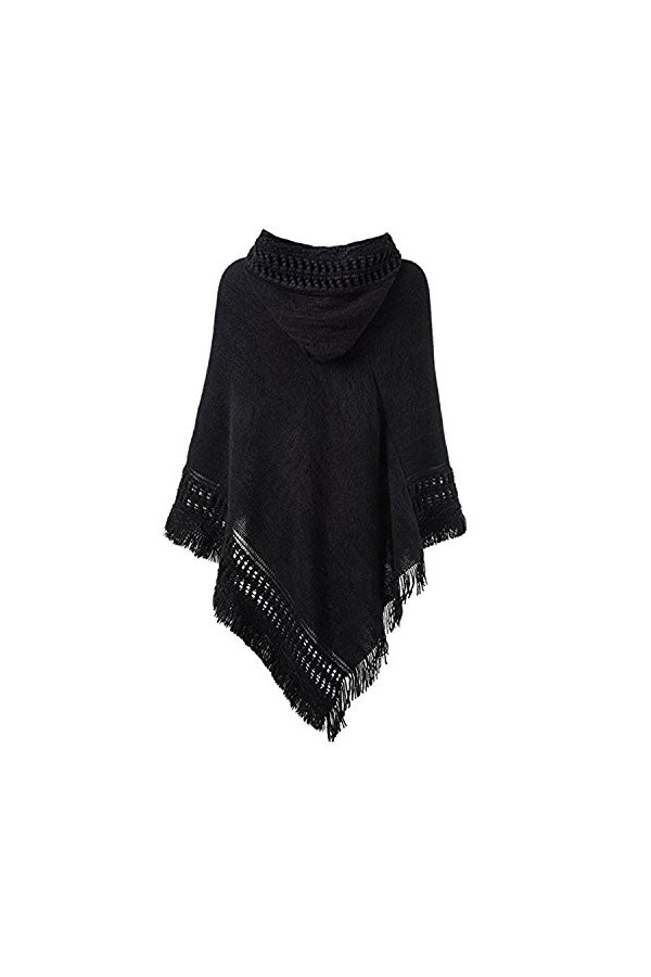 Poncho à Capuche avec Franges Femme Chandail Cape Tricote au Crochet Grand Taille Echarpe Veste Élégant Pull Asymetrique Manc