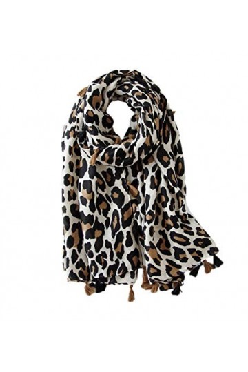 Femmes Doux Long Cou Écharpe - Dames Mode Léopard Animal Motif Châle Soirée Élégant Accessoires avec Gland StyleB/Beige 