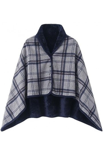 WINKEEY Femme Poncho Polaire Plaid Châle Polaire Cape Chaud dHiver avec Boutons Couverture à Carreaux, Bleu Gris