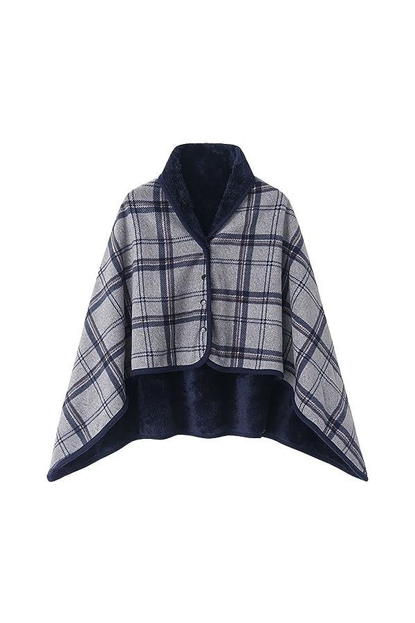 WINKEEY Femme Poncho Polaire Plaid Châle Polaire Cape Chaud dHiver avec Boutons Couverture à Carreaux, Bleu Gris