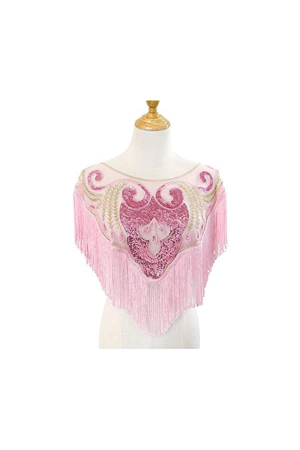 keland Vintage Paillettes Bezel Femmes Shaw Fringe Soirée Set Tops Chemises couverts Scarfs en haussant les épaules Rose 