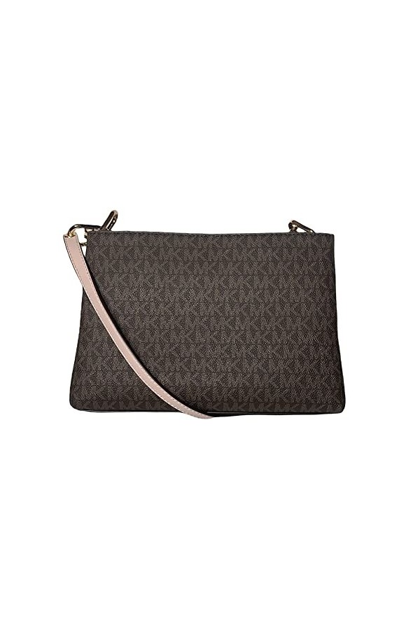 Michael Kors Trisha Signature Medium Triple Compartment Crossbody BROWN-PINK 