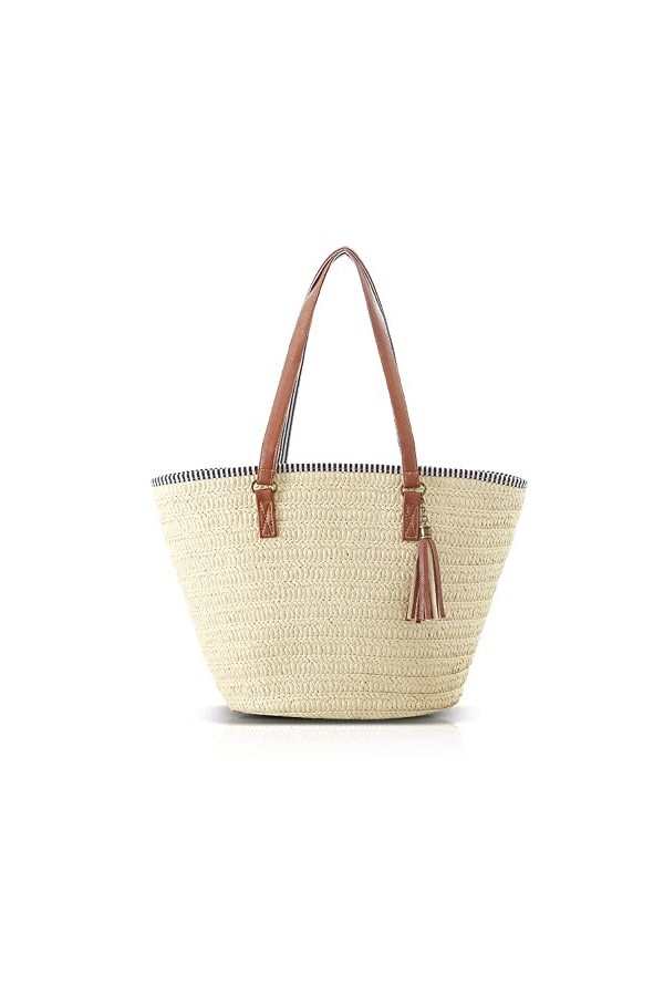 Pahajim Sac de Paille Sac de Plage Femme Tricotage à la Main Style Boho Grande Sac Femme Ete pour les Voyages, les Vacances, 