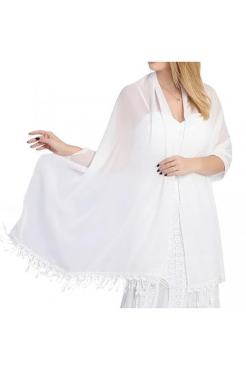 Atigy Châle en Mousseline Mariage avec Frange Écharpes Foulards Mariée Fêtes Cérémonies Etoles pour Femmes Robe de Soirée Bl