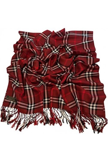 CJ Apparel Écharpe à pompons népalais - Motif tartan marron - Pashmina, bordeaux, taille unique