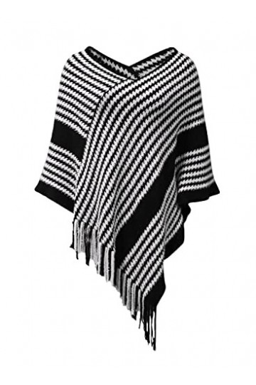NLAND Châle En Tricot Pour Femmes Cape à Franges Rayées Cape Dhiver Chaude Et élégante Châle Enveloppant Souple Noir,Taille 