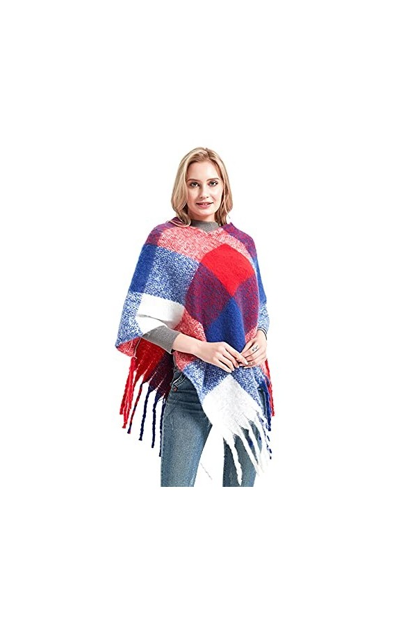 Leisofter Femmes Cape Tricotée Poncho Châle, col Bidirectionnel avec Ourlet Frangé