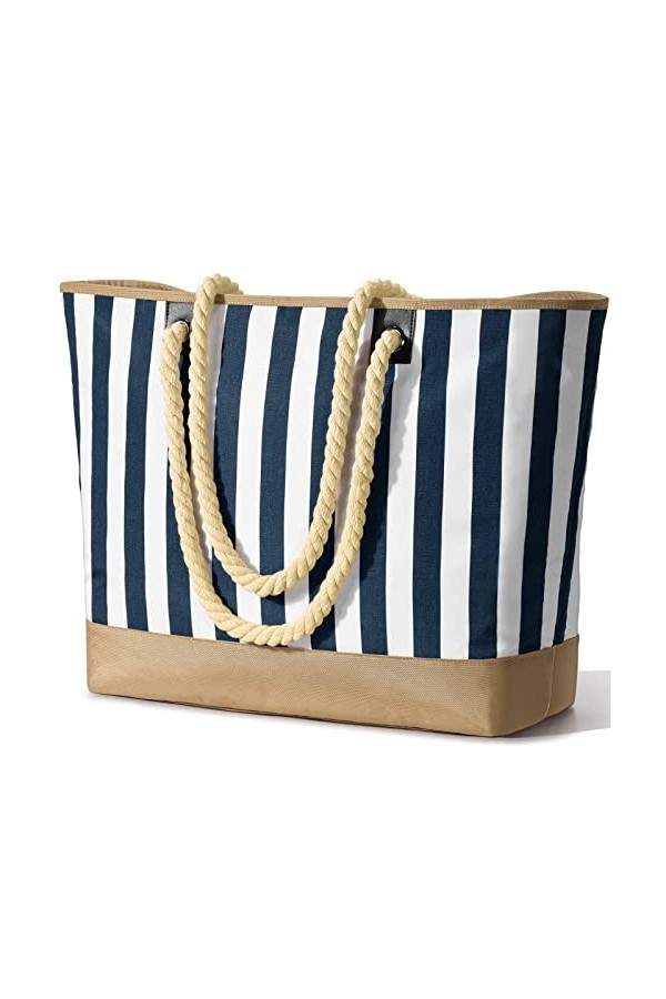 oscaurt Sac de plage imperméable à rayures avec fermeture éclair et poche anti-humidité, grand sac de plage pour femme