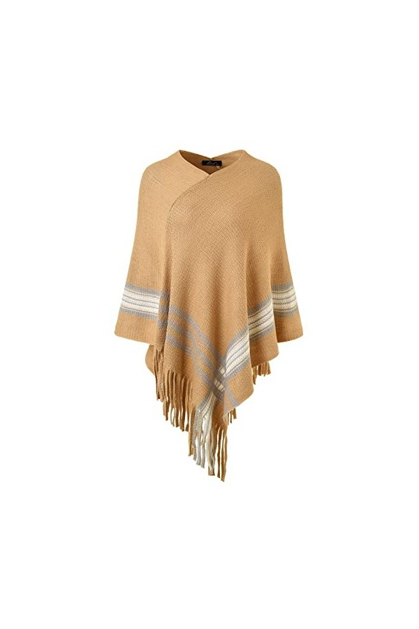 Ferand Poncho Châle Femme Elegant à Franges avec Rayures - Taille Unique - Chameau