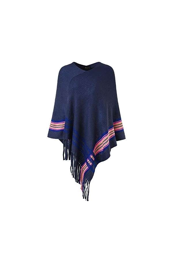 Ferand Poncho Châle Femme Elegant à Franges avec Rayures - Taille Unique - Chameau
