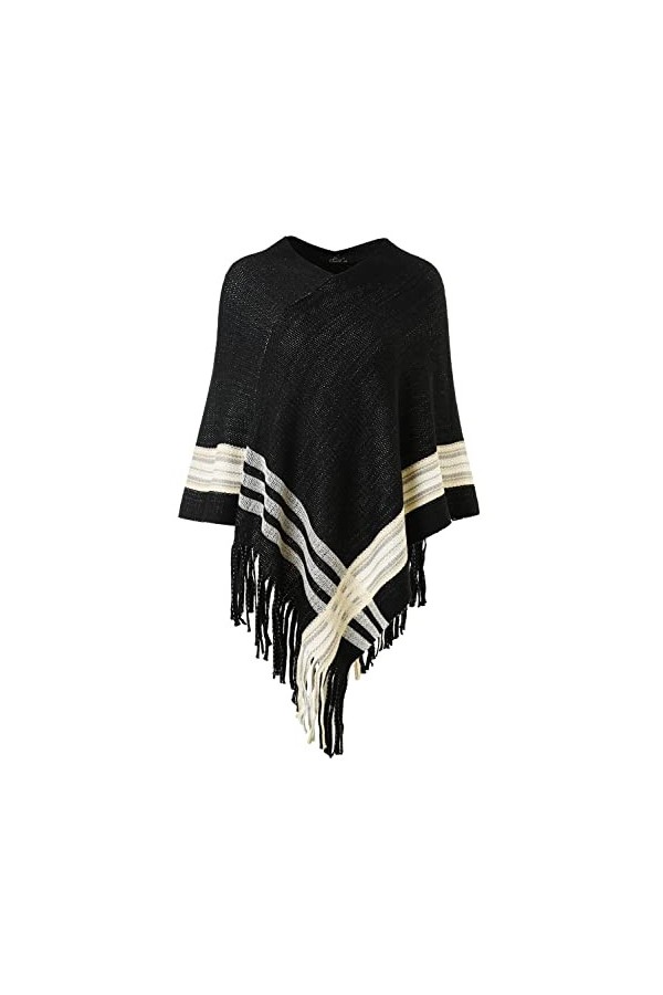 Ferand Poncho Châle Femme Elegant à Franges avec Rayures - Taille Unique - Chameau