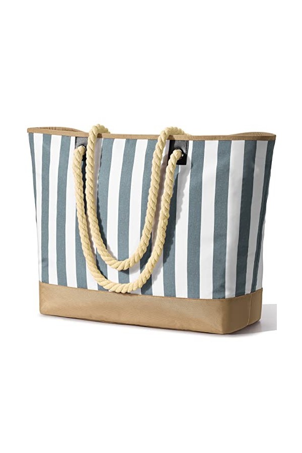 oscaurt Sac de plage imperméable à rayures avec fermeture éclair et poche anti-humidité, grand sac de plage pour femme