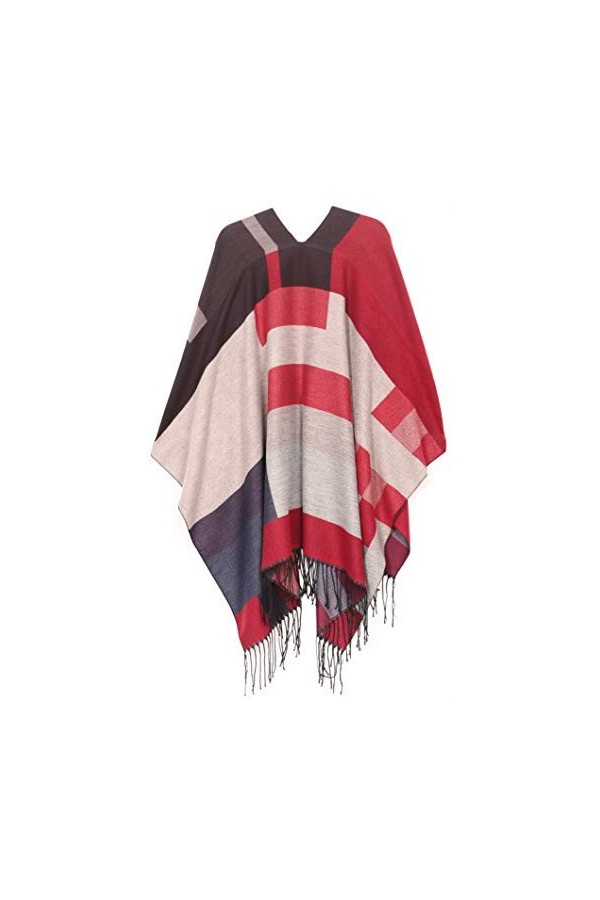 Sakkas 1927 - Cardigan Poncho Ouvert Devant réversible Avi pour Femme avec Cape Ruana et Franges - Rouge - OS