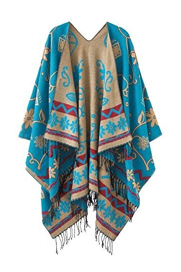 Urban GoCo Femmes Rétro Imprimé Châle Cape Manteau Tassel Poncho Cardigan Bleu 