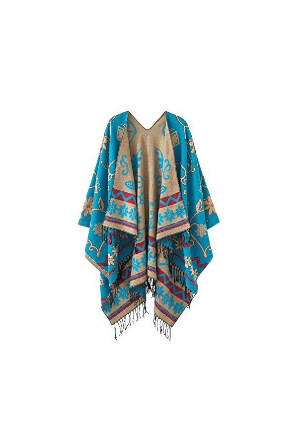 Urban GoCo Femmes Rétro Imprimé Châle Cape Manteau Tassel Poncho Cardigan Bleu 