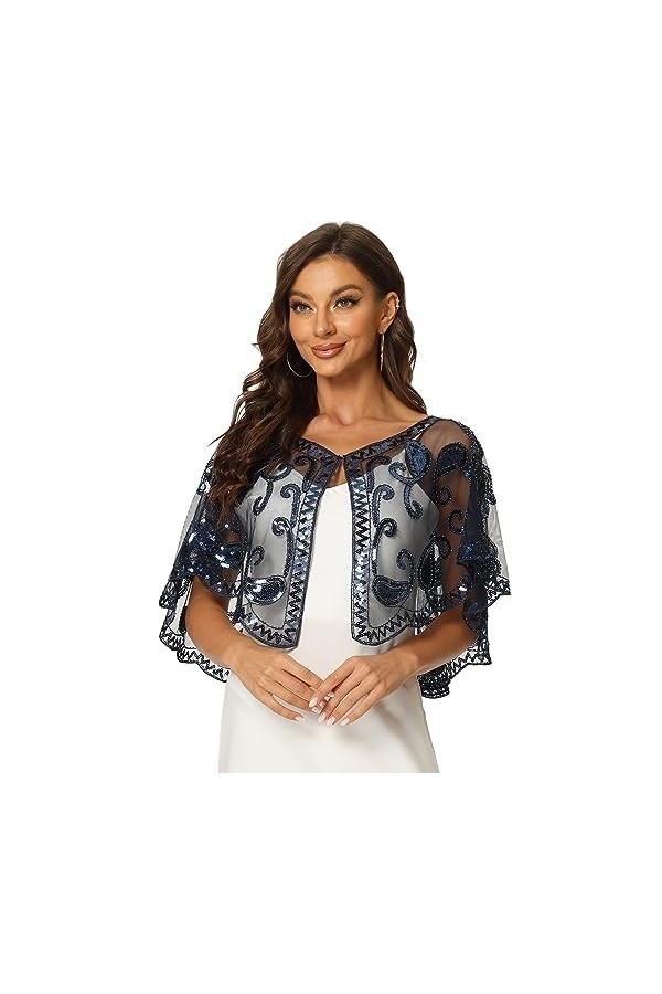 Allegra K Châle à paillettes et perles pour femme - Cape de soirée, bleu marine, M