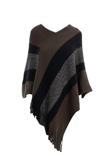Rayson Cape Poncho Femme Tricoté avec Rayures Hiver Chaud Poncho Chale Femme Long col V Chic Crochet Pull Poncho avec Franges