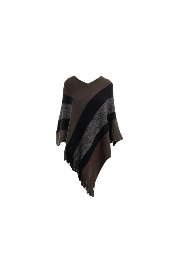 Rayson Cape Poncho Femme Tricoté avec Rayures Hiver Chaud Poncho Chale Femme Long col V Chic Crochet Pull Poncho avec Franges