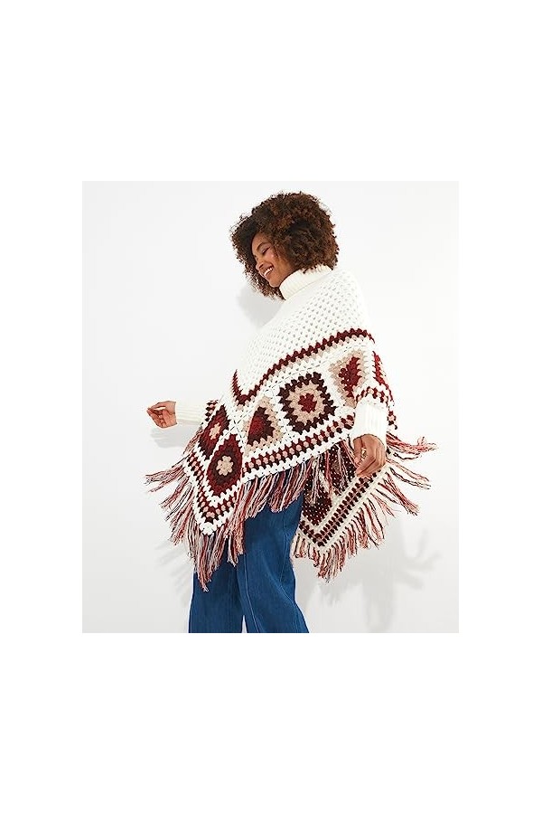 Joe Browns Poncho dhiver à col roulé à Franges au Crochet Écharpe pour Temps Froid, Crème/Multicolore, Taille Unique Femme