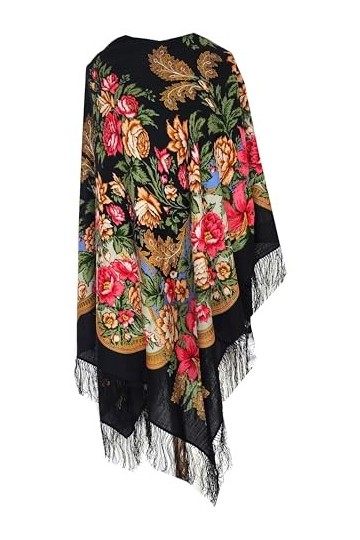 Authentisch Pawlow Pavlovo Posad Écharpe russe chaude 100 % laine franges de soie pour femme 146 cm x 146 cm, Noir , 146cm x 