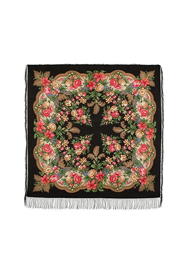Authentisch Pawlow Pavlovo Posad Écharpe russe chaude 100 % laine franges de soie pour femme 146 cm x 146 cm, Noir , 146cm x 