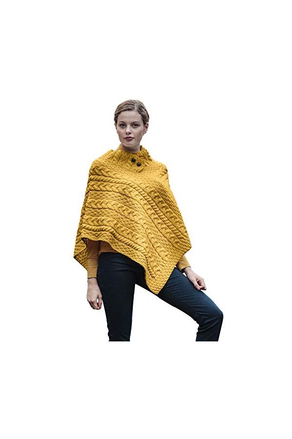Aran Woollen Mills Poncho en laine mérinos pour femme - Confortable - Pull en tricot torsadé - Taille unique, jaune, taille u