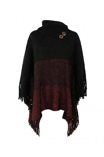JFAN Poncho Femme Hiver Chaud Cape Femme Hive Tricot Ponchos en Maille Pull à Col Roulé Châle Grande Taille à Franges,Noir,Ta