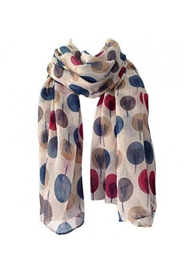 écharpe, châle, sarong pour femmes - Fond beige crème/ivoire - Imprimé Arbre, Bleu sarcelle, Rouge, Marron