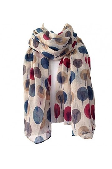écharpe, châle, sarong pour femmes - Fond beige crème/ivoire - Imprimé Arbre, Bleu sarcelle, Rouge, Marron