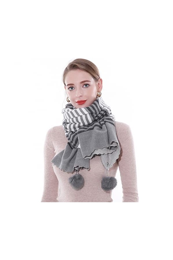 SWAT PANY Écharpes et châles pour femmes Gris Pashmina châle Chaud Etole Hiver Longues Grande Style Rayé（avec boule de poils）