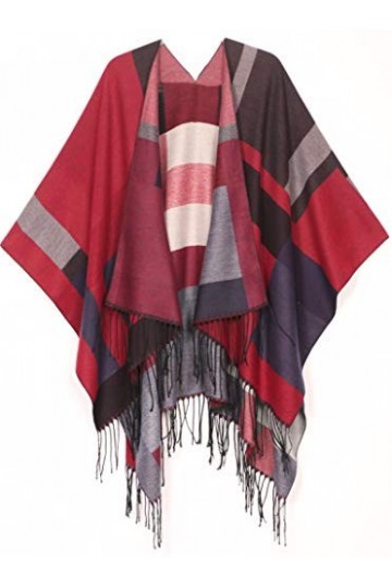 Sakkas 1927 - Cardigan Poncho Ouvert Devant réversible Avi pour Femme avec Cape Ruana et Franges - Rouge - OS